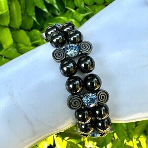 Hematite blue rhinestone beaded stretchy bracelet